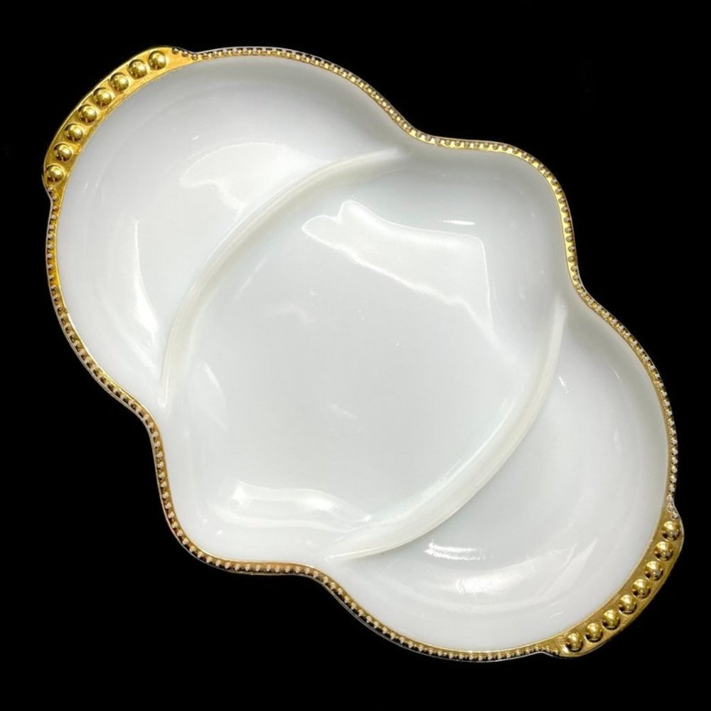 Vintage 1950s Fire King Opaline Art Deco Divided Relish Dish Ovenware Glass Trim